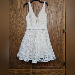 Jovani JVC Formal White and Cream Formal Sequin Mini Dress